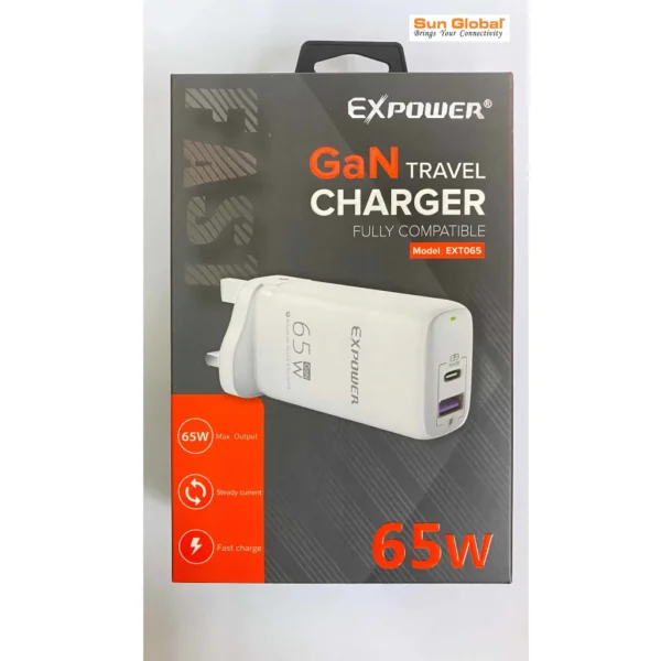 my-11134207-7qul1-lff699kfnswpce.webp EXPOWER GAN TRAVEL CHARGER FULLY COMPATIBLE PD & QC 3.0 ADAPTOR - 65W (ACC105)